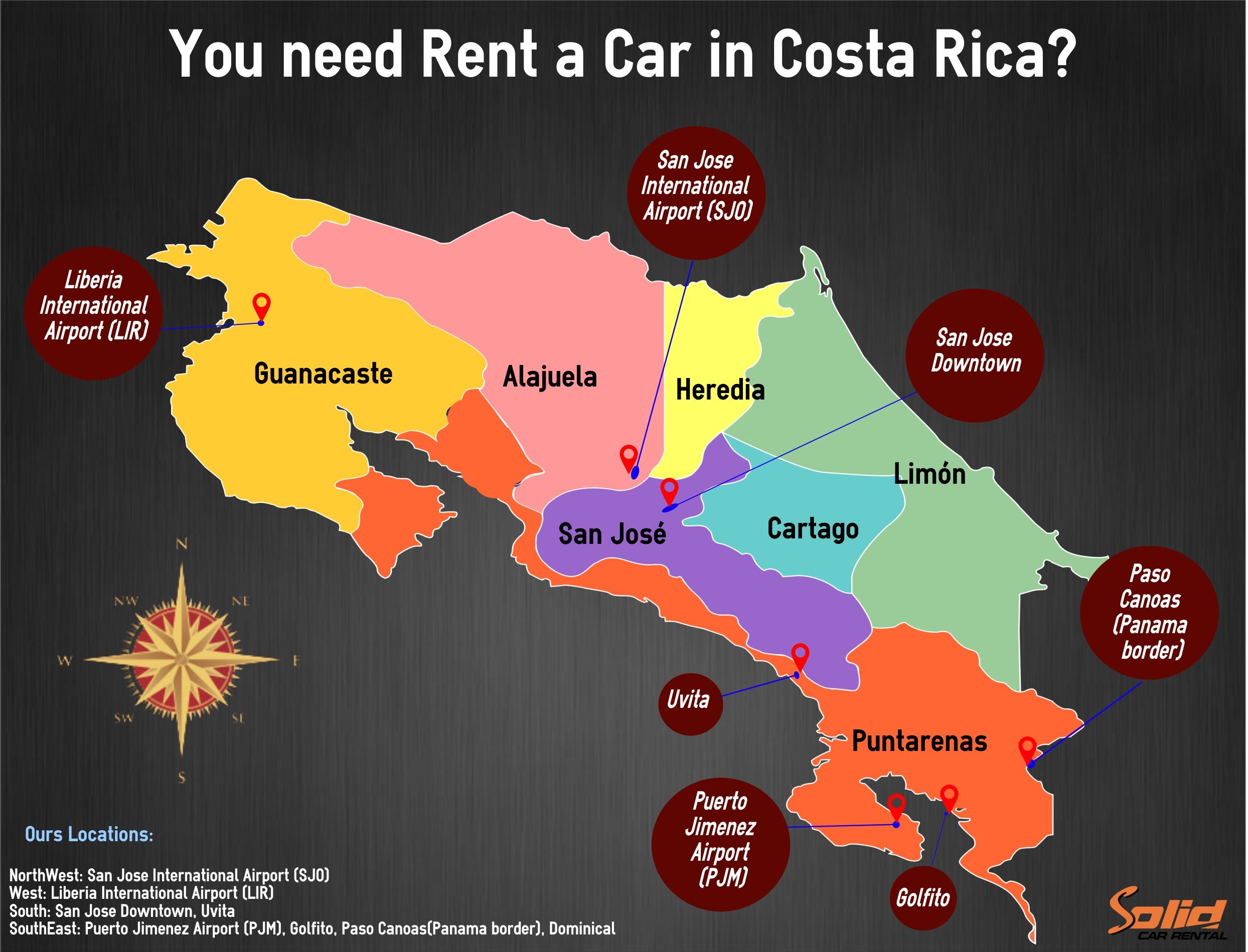 Map locations Solid Car Rental, Costa Rica